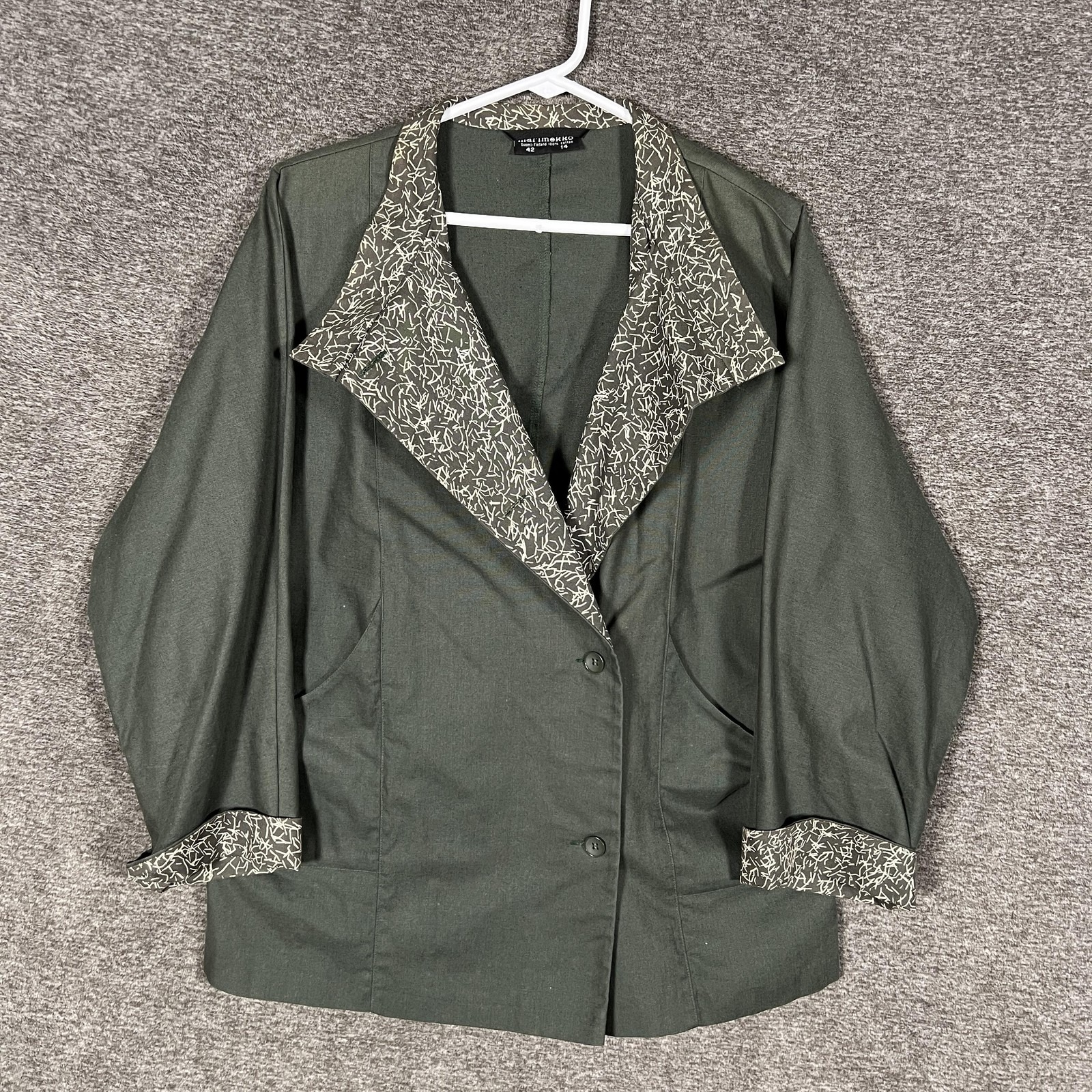 Marimekko Jacket Womens 14 Green Cotton Print Collar Button Front Twill Finland